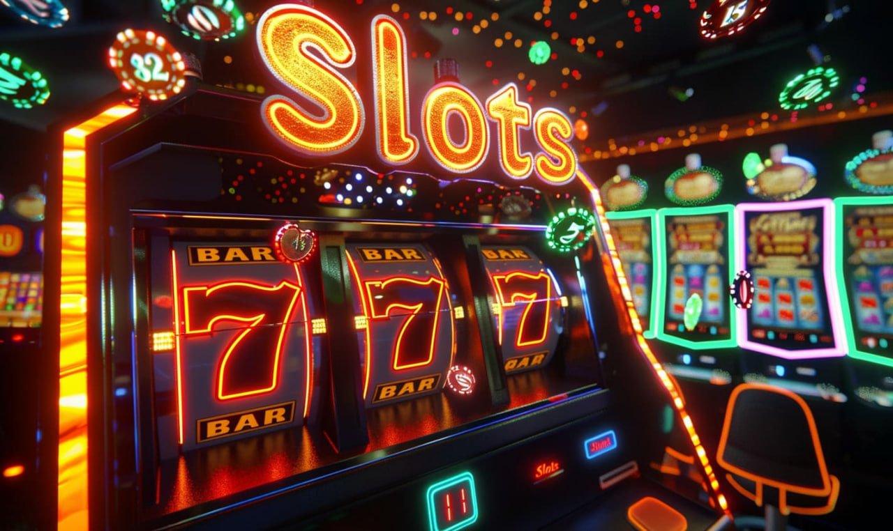 Ilustrasi permainan slot online ole777 dengan efek neon warna ungu